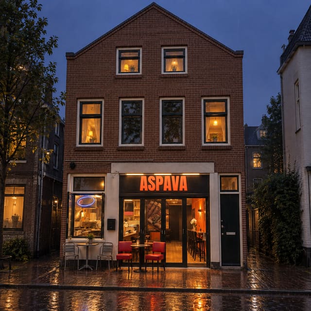 AI-beeld: ASPAVA 06 aan het Broersveld in de avond: bakstenen gevel met oranje letters en verlichte zaak